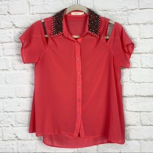 Lush Beaded Cold Shoulder Light Button Down Blouse